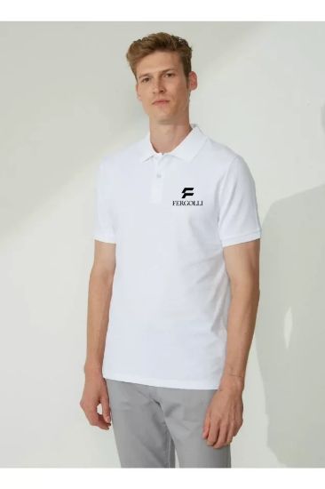 Yakası Düğmeli Yakalı Pike Baskılı T-Shirt - Beyaz resmi
